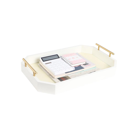 Plateau de service en bois gris vintage avec poignées décoratives en métal en laiton pour table basse, petit-déjeuner au lit et décor de fête