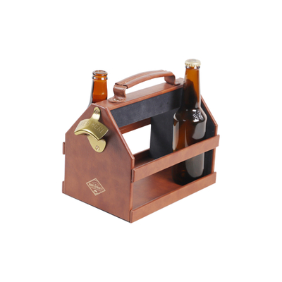 BOTTLE CADDY Drink Local Beer Caddy avec poignée et bouteille en métal, ouvre-bouteille, dessous de verre 4 pièces, grand, marron